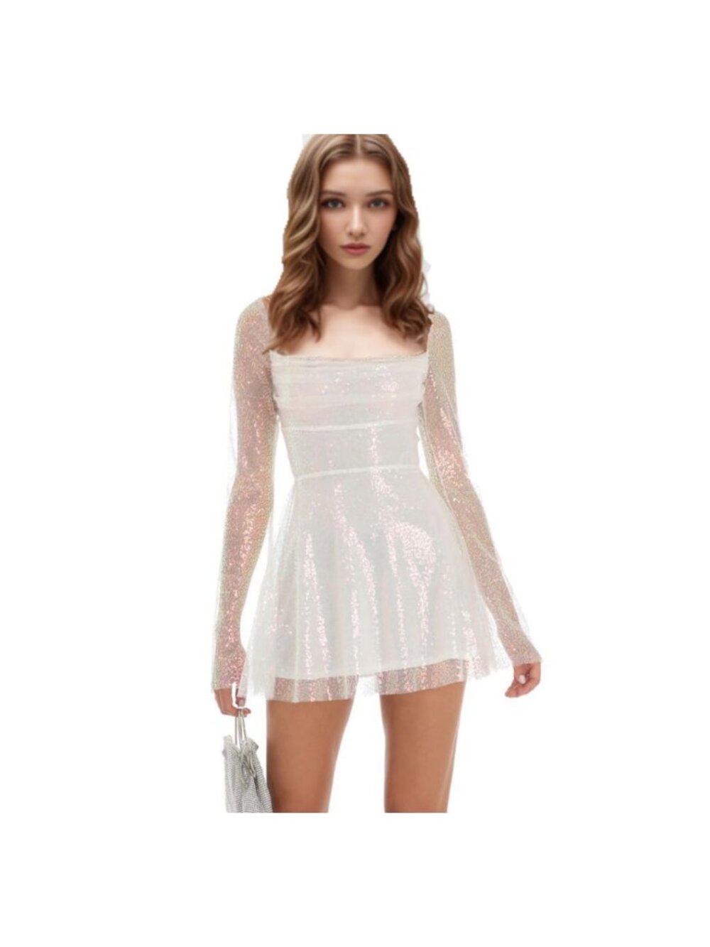 Glittery Sequins Swing Tunic Dress Square Neck Flared Sleeves Backless